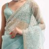 Sky Blue Embroidered Tissue Saree With Unstitched Blouse