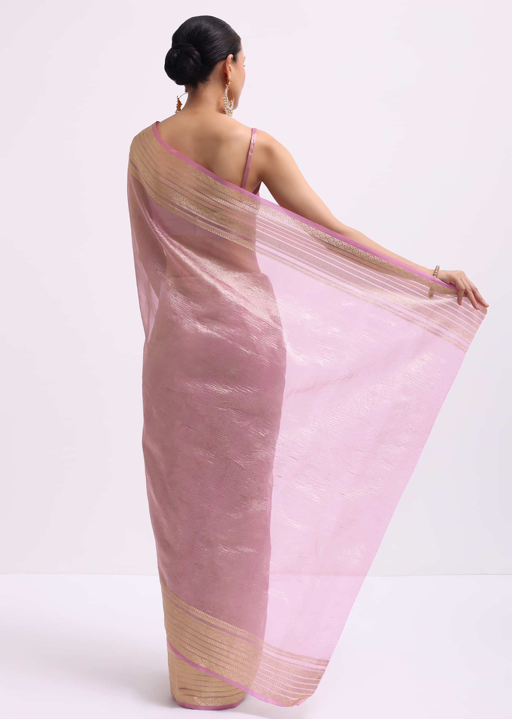 Pink Zari Woven Chanderi Saree With Unstitched Blouse
