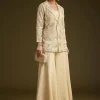 Cream Embroidered Croptop Palazzo And Jacket Set