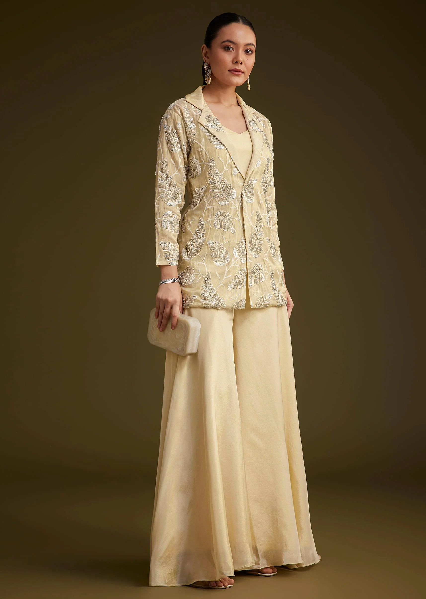 Cream Embroidered Croptop Palazzo And Jacket Set