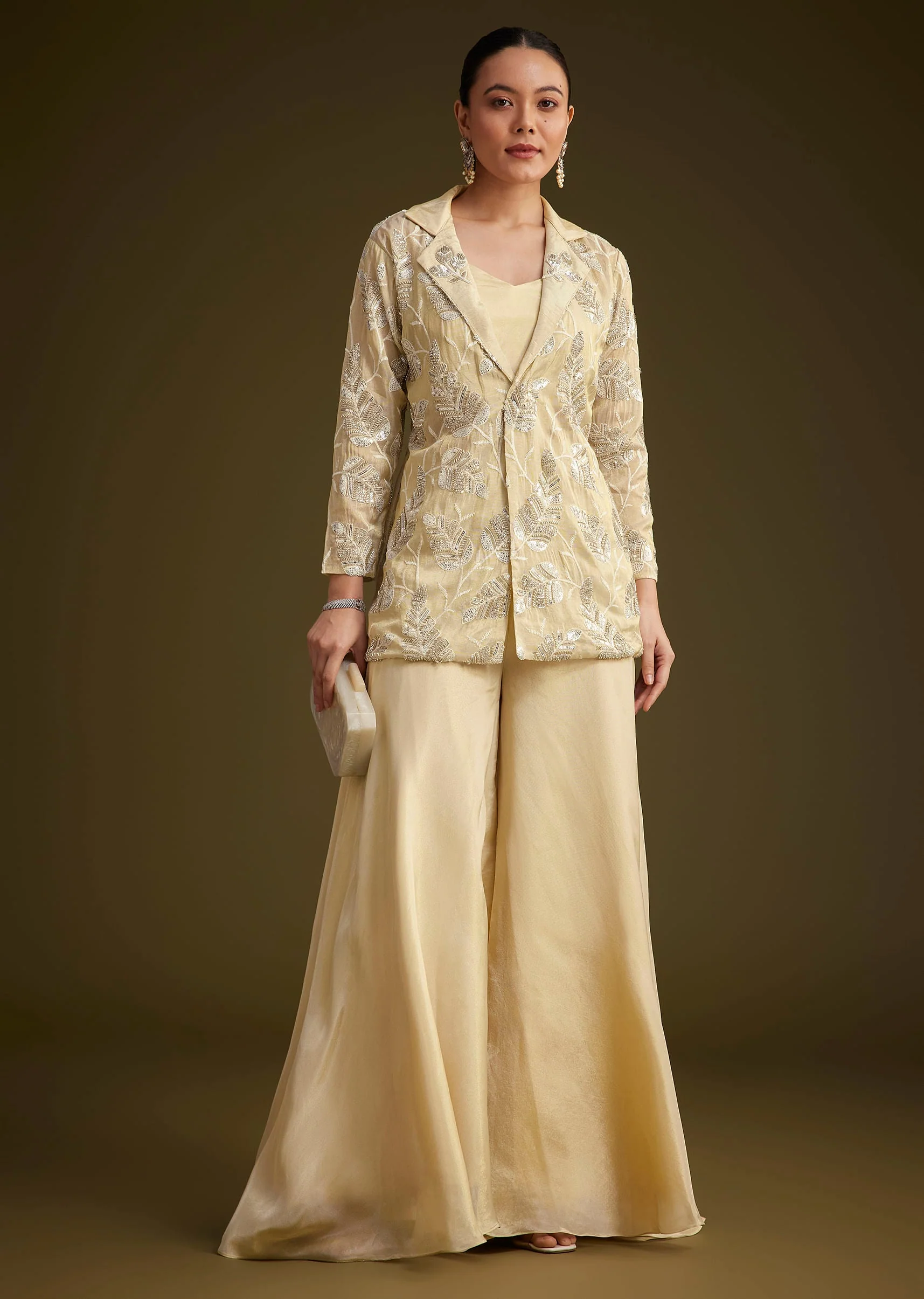 Cream Embroidered Croptop Palazzo And Jacket Set
