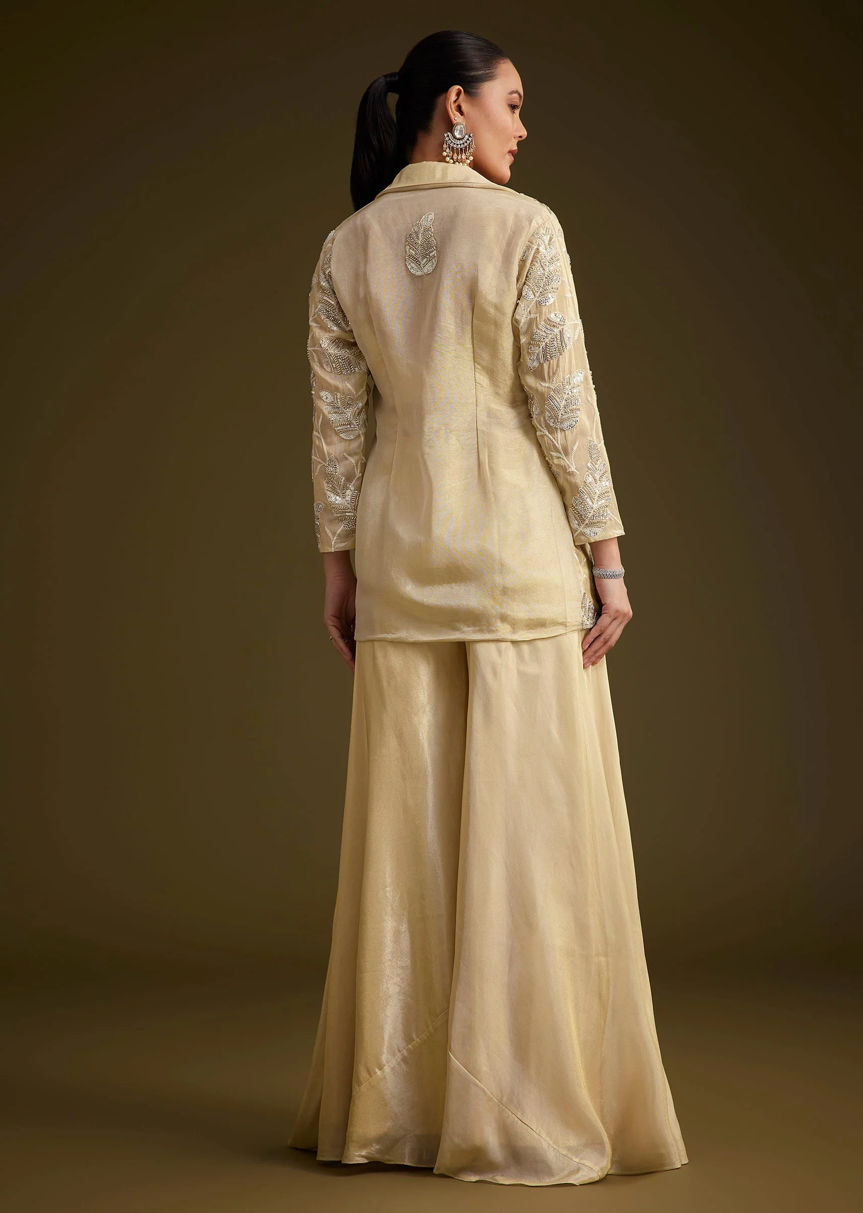 Cream Embroidered Croptop Palazzo And Jacket Set