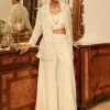 Cream Embroidered Croptop Palazzo And Jacket Set