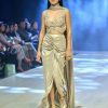 Oyster Beige Pre-Stitched Saree With Stylized Blouse