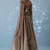 Taupe Brown Embroidered Cowl Lehenga And Cape Blouse In Shimmer Organza