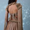 Taupe Brown Embroidered Cowl Lehenga And Cape Blouse In Shimmer Organza