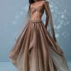 Taupe Brown Embroidered Cowl Lehenga And Cape Blouse In Shimmer Organza