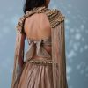 Taupe Brown Embroidered Cowl Lehenga And Cape Blouse In Shimmer Organza