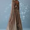 Taupe Brown Embroidered Cowl Lehenga And Cape Blouse In Shimmer Organza