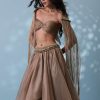 Taupe Brown Embroidered Cowl Lehenga And Cape Blouse In Shimmer Organza