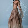 Taupe Brown Embroidered Cowl Lehenga And Cape Blouse In Shimmer Organza