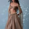 Taupe Brown Embroidered Cowl Lehenga And Cape Blouse In Shimmer Organza