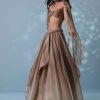 Taupe Brown Embroidered Cowl Lehenga And Cape Blouse In Shimmer Organza