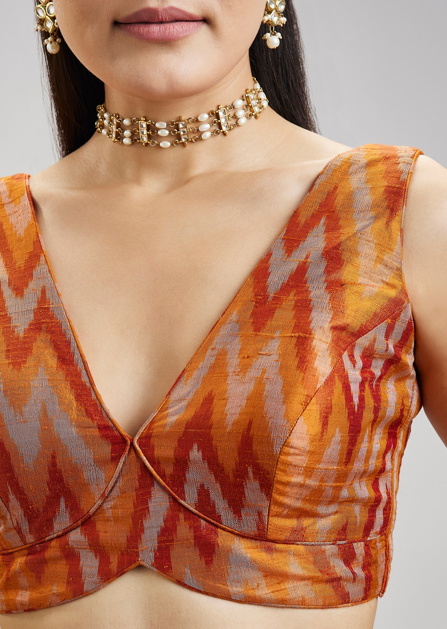 Rust Orange Pure Tussar Silk Ikat Potal Stitched Blouse