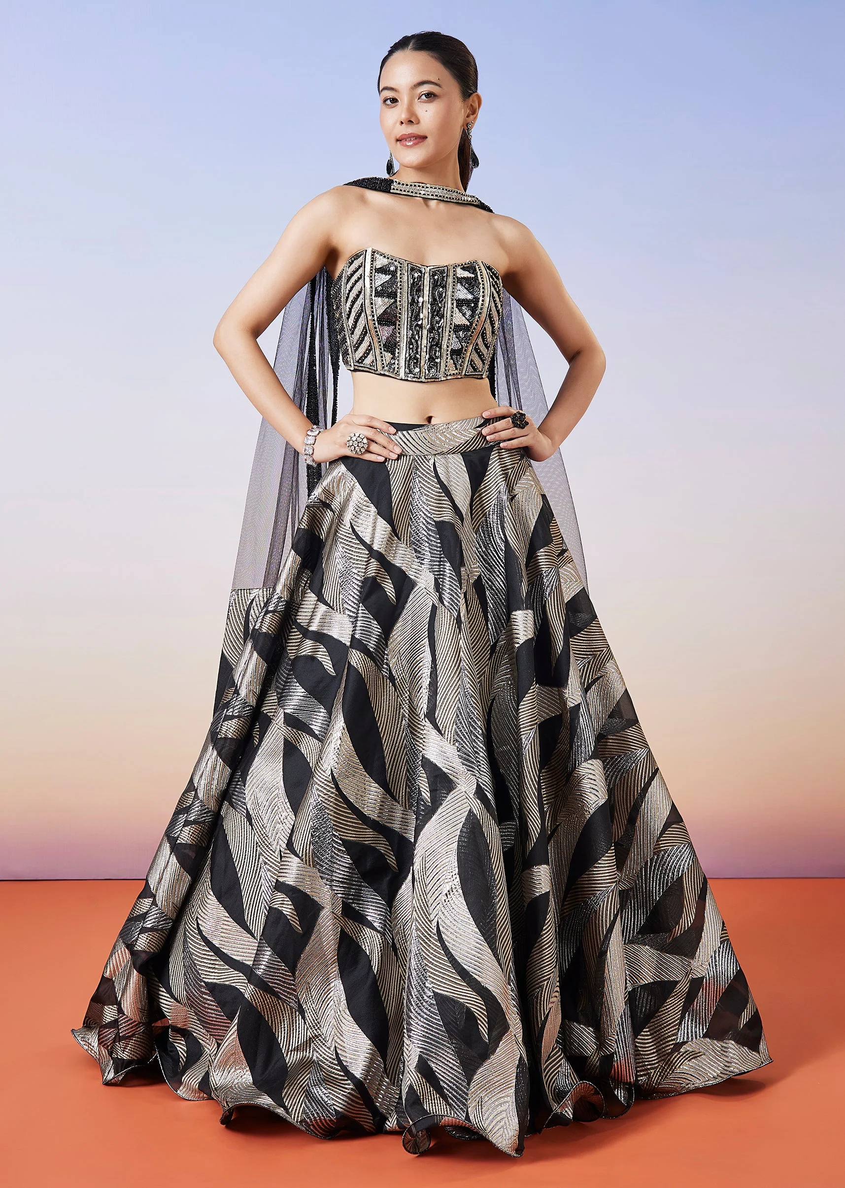 2632-black-jacquard-fusion-lehenga-with-dupatta-1.webp Black Jacquard Fusion Lehenga With Dupatta