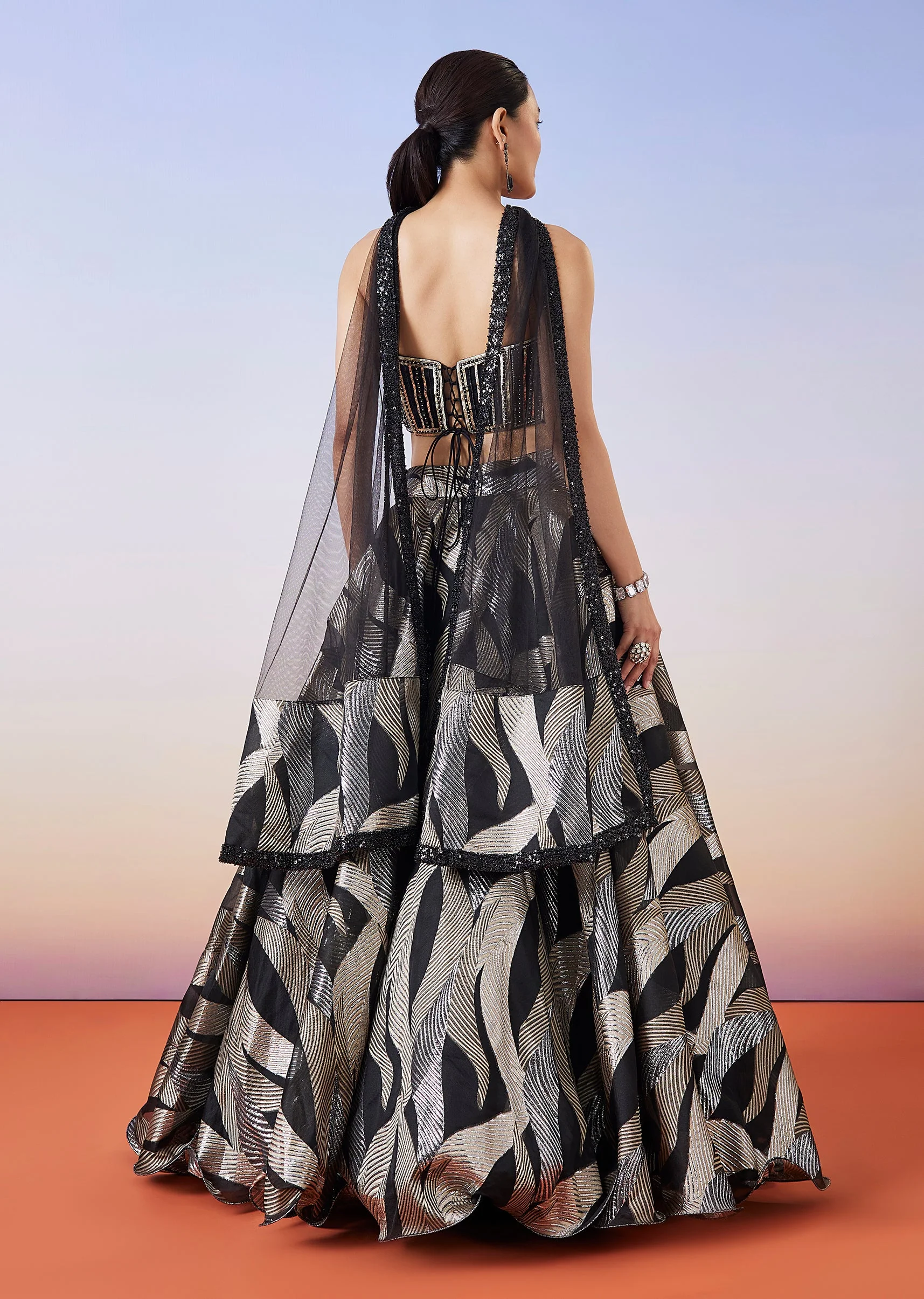 Black Jacquard Fusion Lehenga With Dupatta