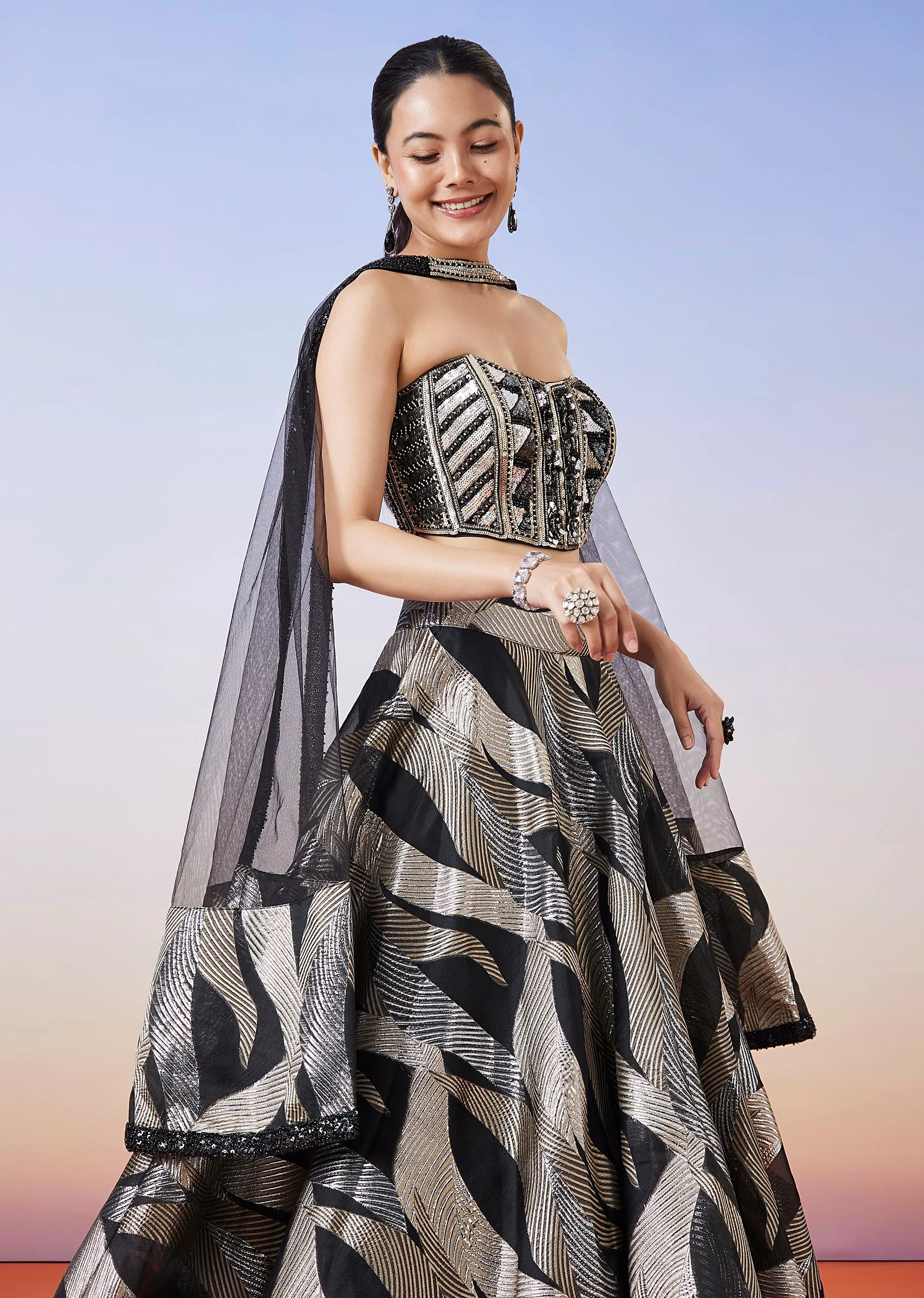 Black Jacquard Fusion Lehenga With Dupatta