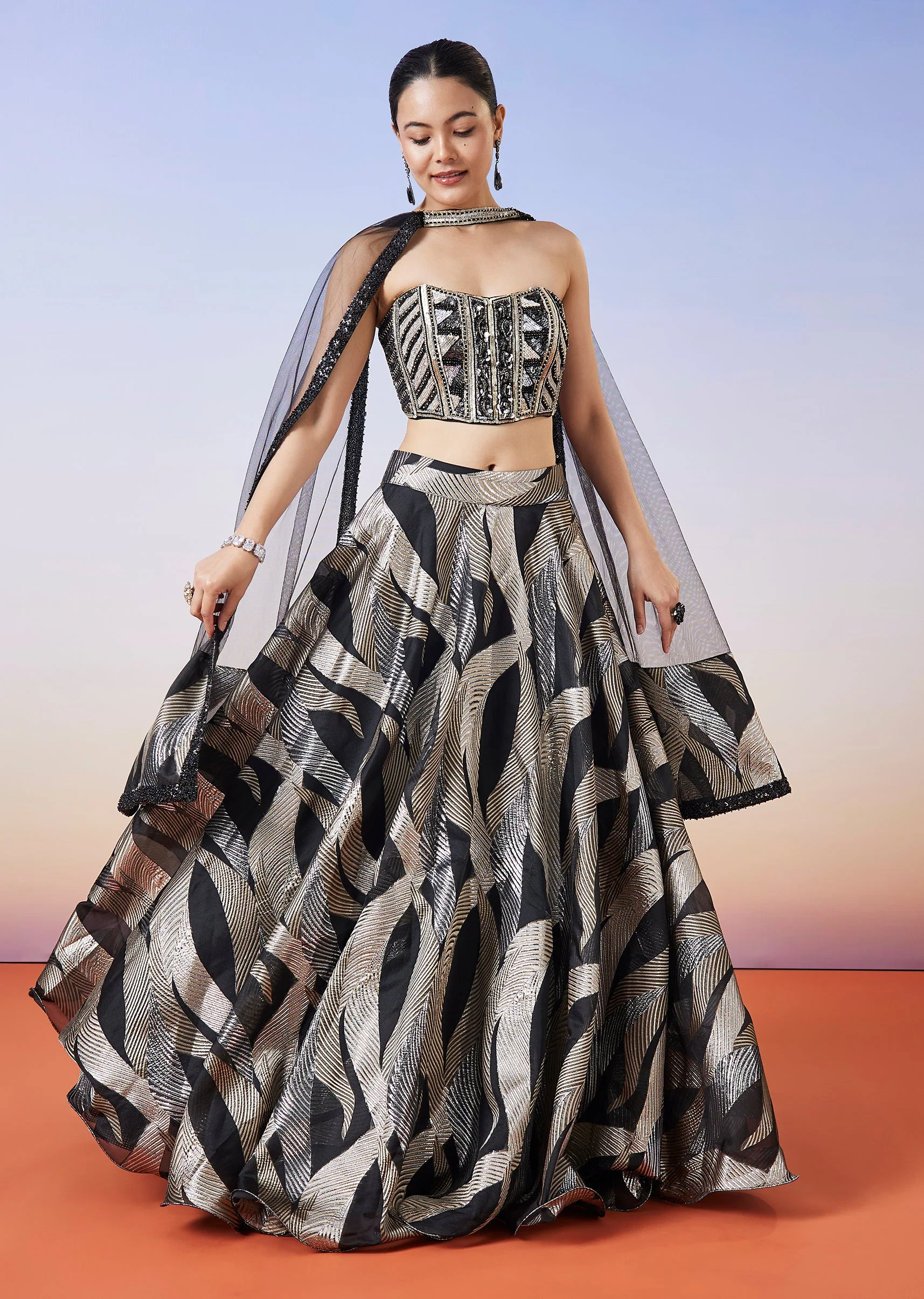 Black Jacquard Fusion Lehenga With Dupatta
