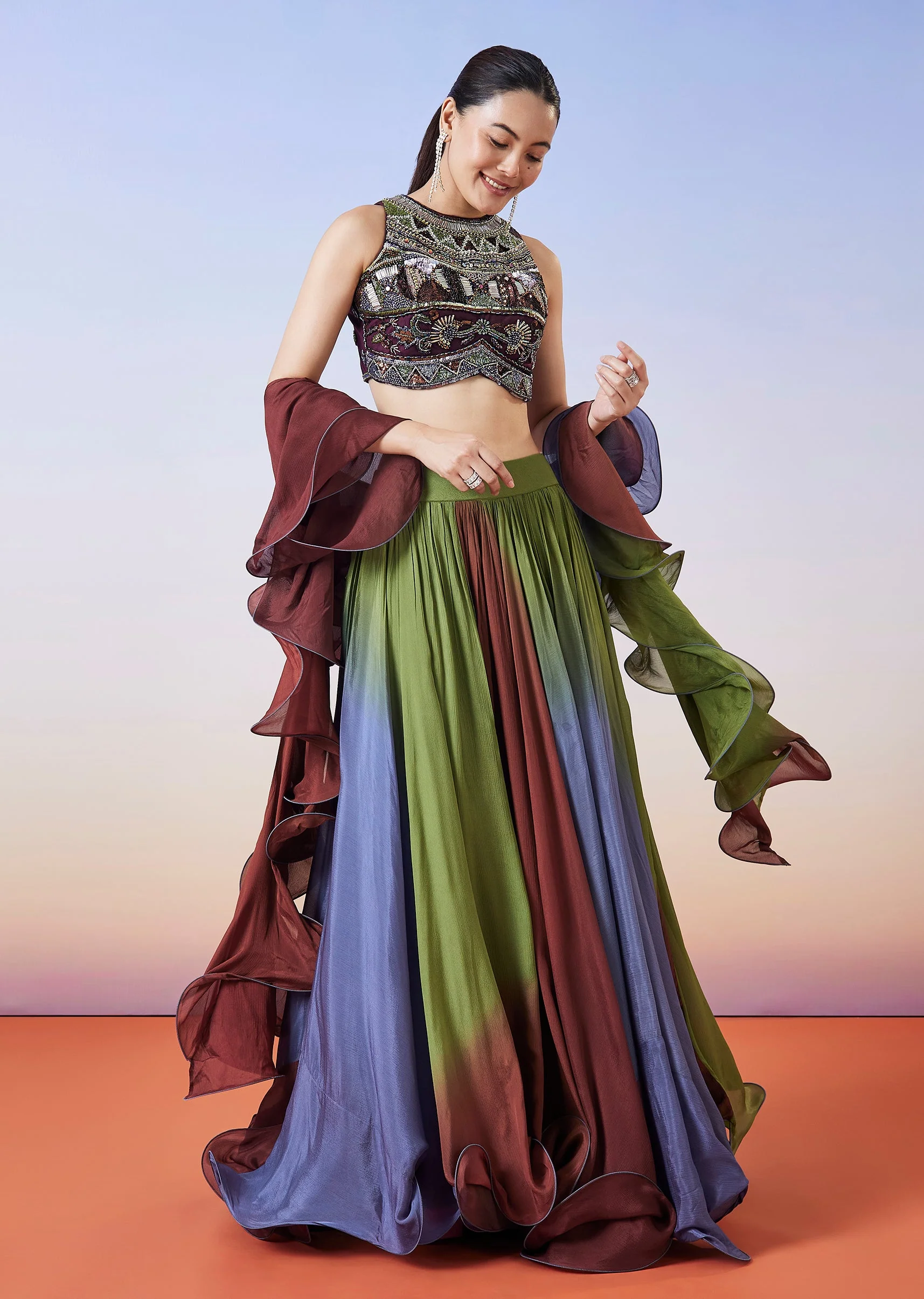 Multi Colour Fusion Lehenga With Dupatta
