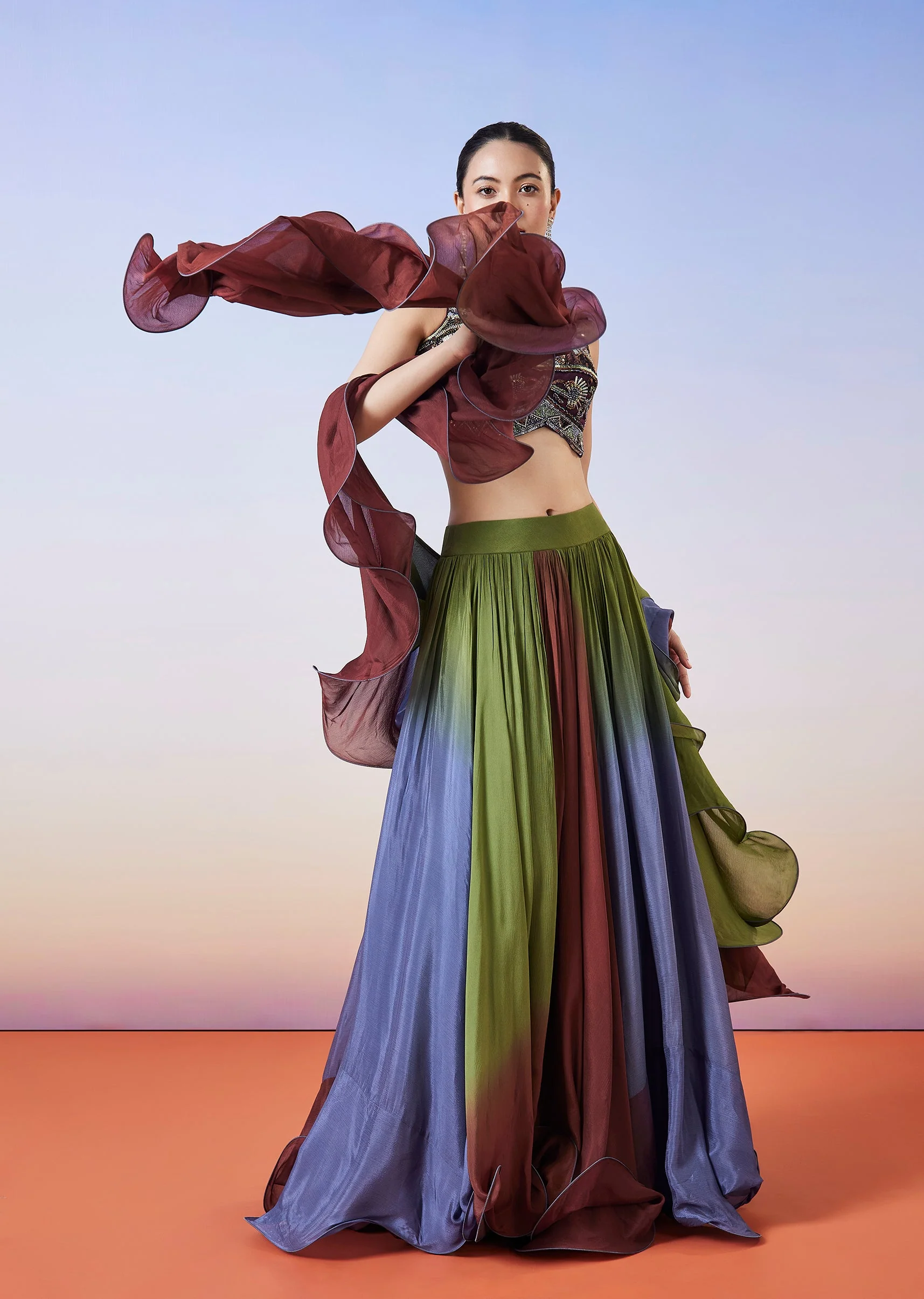 Multi Colour Fusion Lehenga With Dupatta