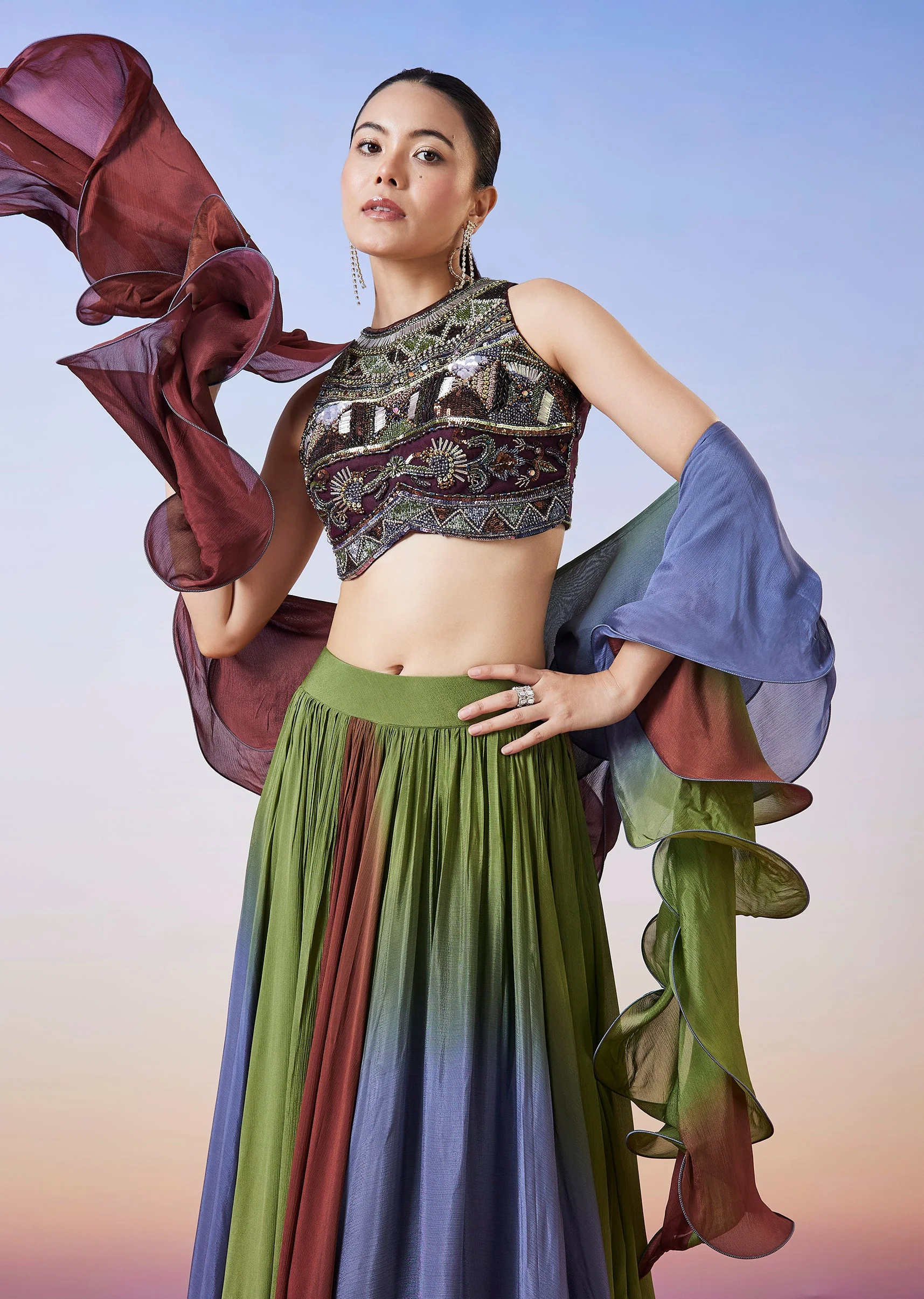 Multi Colour Fusion Lehenga With Dupatta