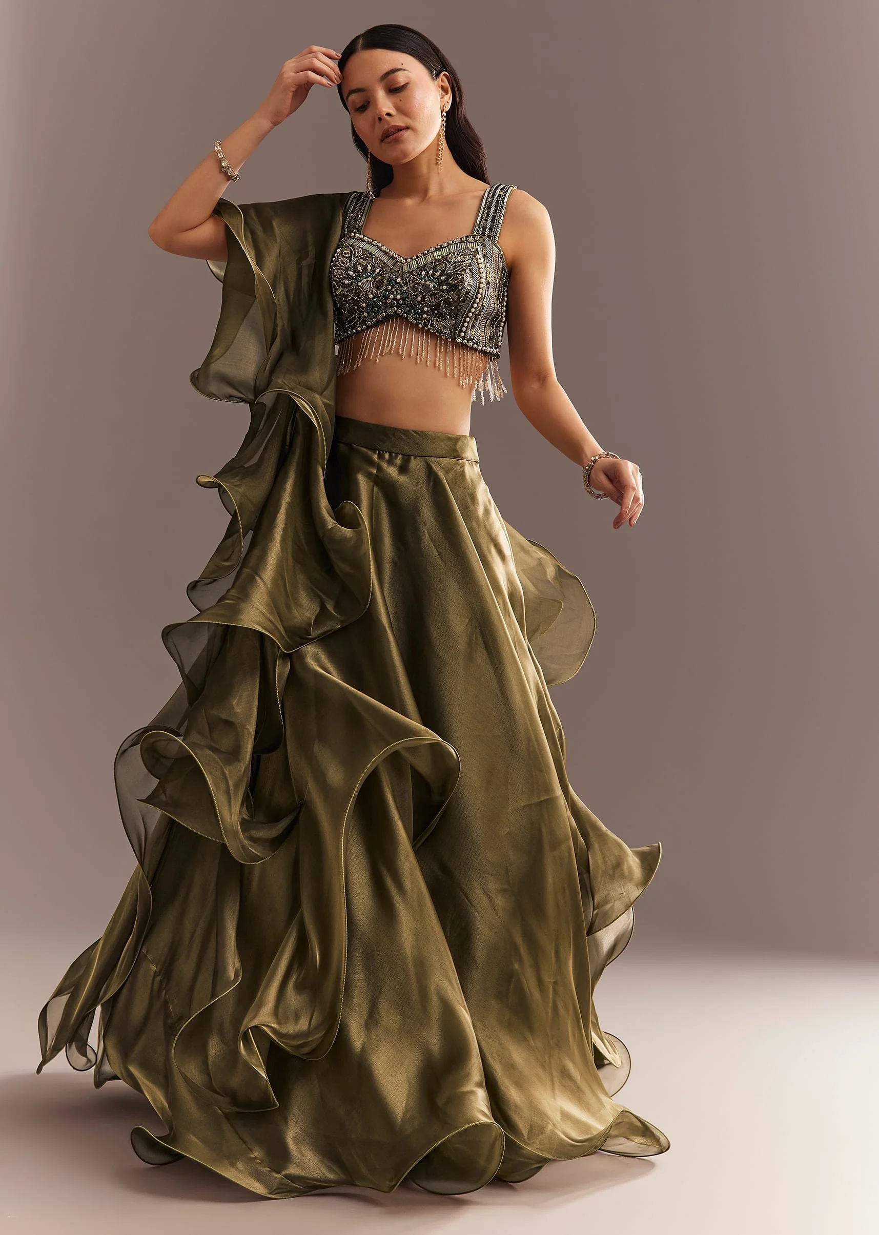 2648-mehendi-green-organza-choli-lehenga-with-ruffled-dupatta-1.webp Mehendi Green Organza Choli Lehenga With Ruffled Dupatta