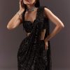 Black Ready To Wear Saree With 3D Patching And Fancy Neck Blouse