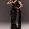 Black Ready To Wear Saree With 3D Patching And Fancy Neck Blouse