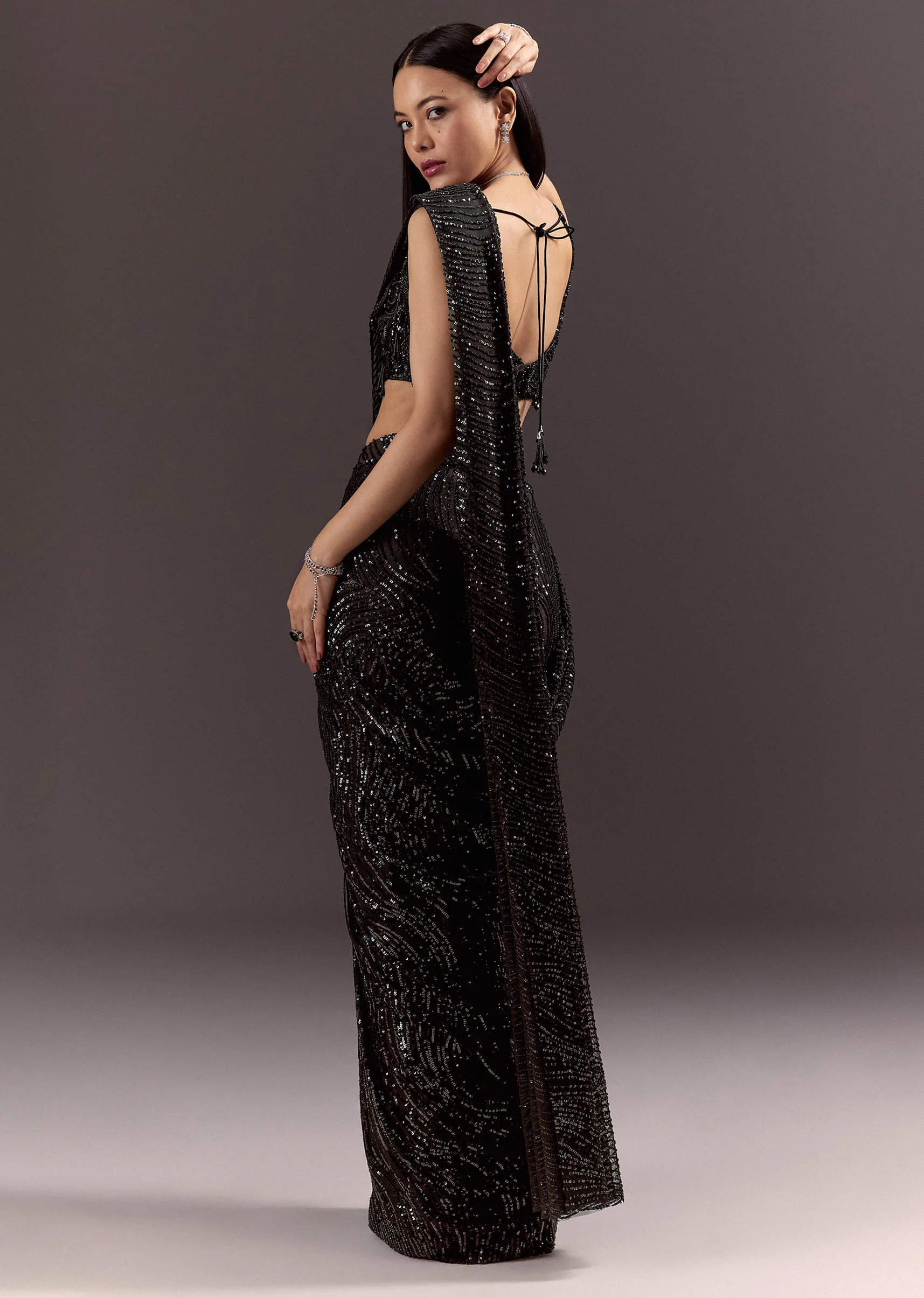 Black Ready To Wear Saree With 3D Patching And Fancy Neck Blouse