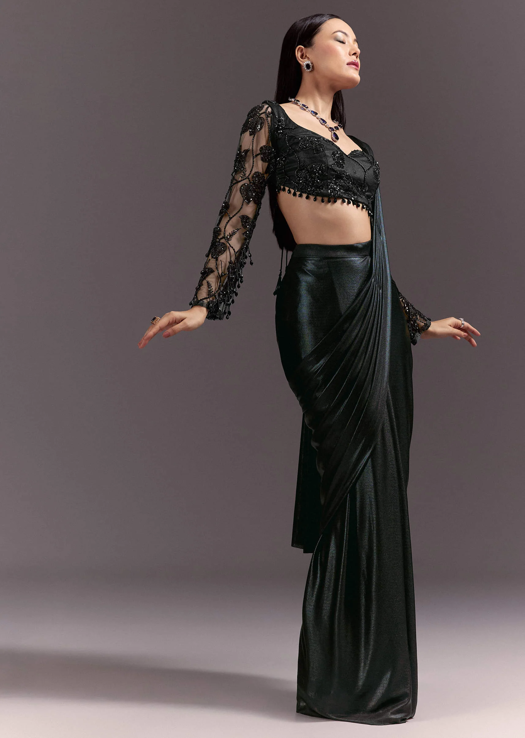 2675-ready-pleated-saree-with-v-neck-blouse-and-cutdana-work-1.webp Ready Pleated Saree With V Neck Blouse And Cutdana Work
