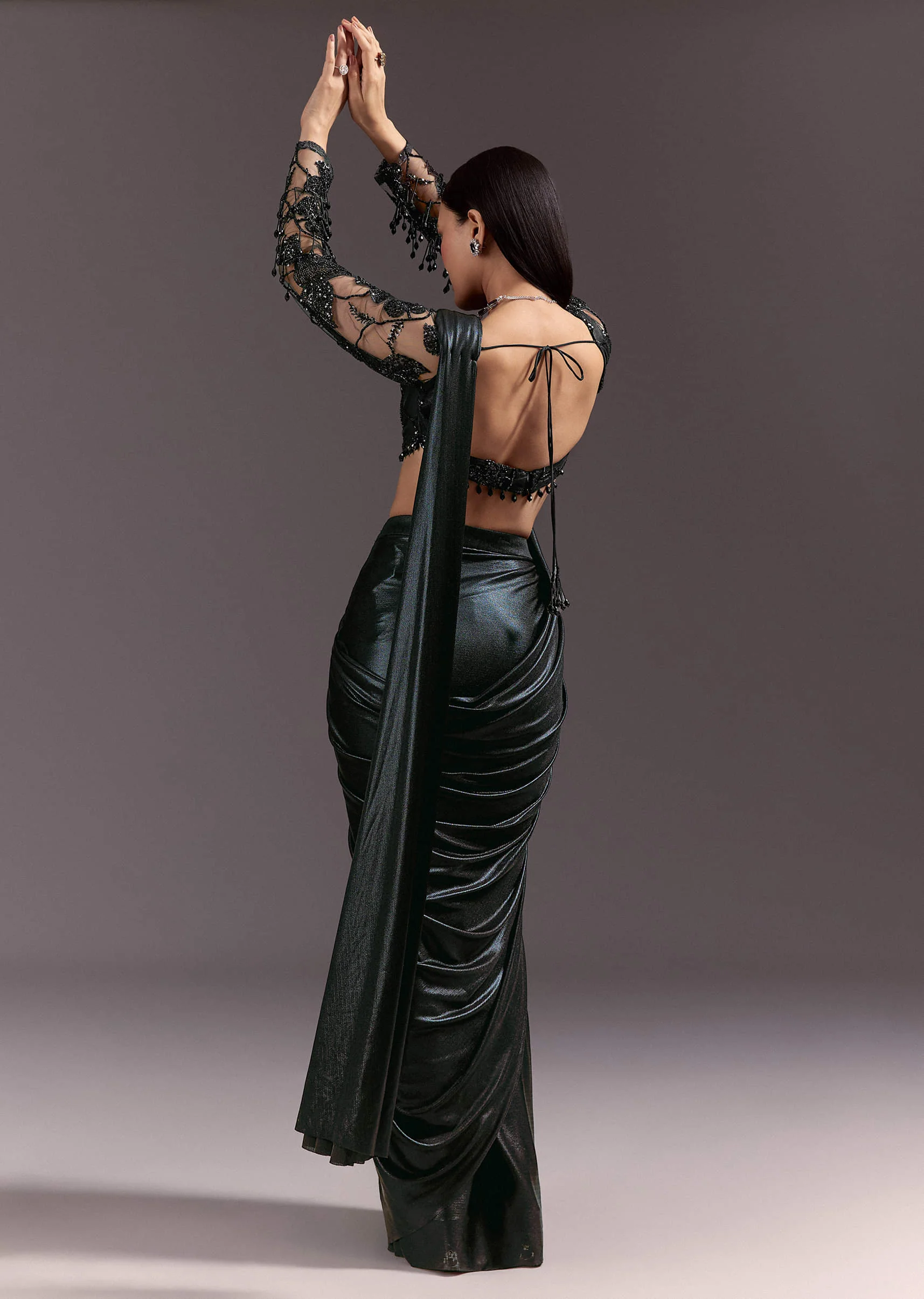 Ready Pleated Saree With V Neck Blouse And Cutdana Work