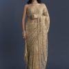 Gold Net Saree With Floral Sequins Work