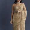 Gold Net Saree With Floral Sequins Work