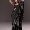 Black Ready Pleated Saree With Ruching Blouse And Frills