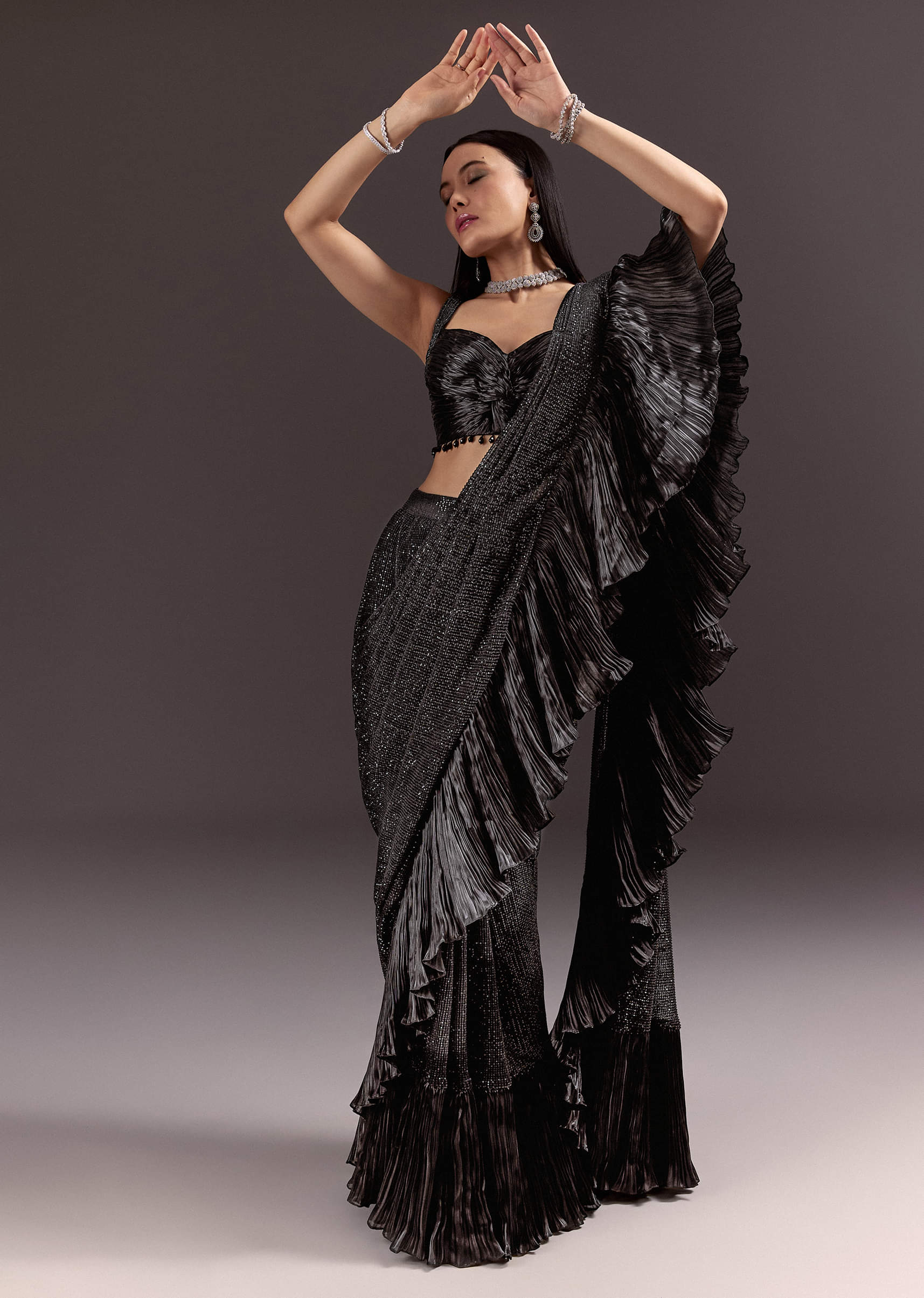 2706-black-ready-pleated-saree-with-ruching-blouse-and-frills-1.jpg Black Ready Pleated Saree With Ruching Blouse And Frills