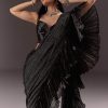 Black Ready Pleated Saree With Ruching Blouse And Frills