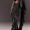 Black Ready Pleated Saree With Ruching Blouse And Frills