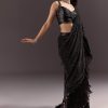 Black Ready Pleated Saree With Ruching Blouse And Frills