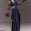 Navy Blue Satin Pleated Saree With Full Sleeve V Neck Blouse