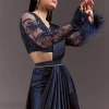 Navy Blue Satin Pleated Saree With Full Sleeve V Neck Blouse