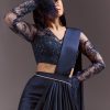 Navy Blue Satin Pleated Saree With Full Sleeve V Neck Blouse