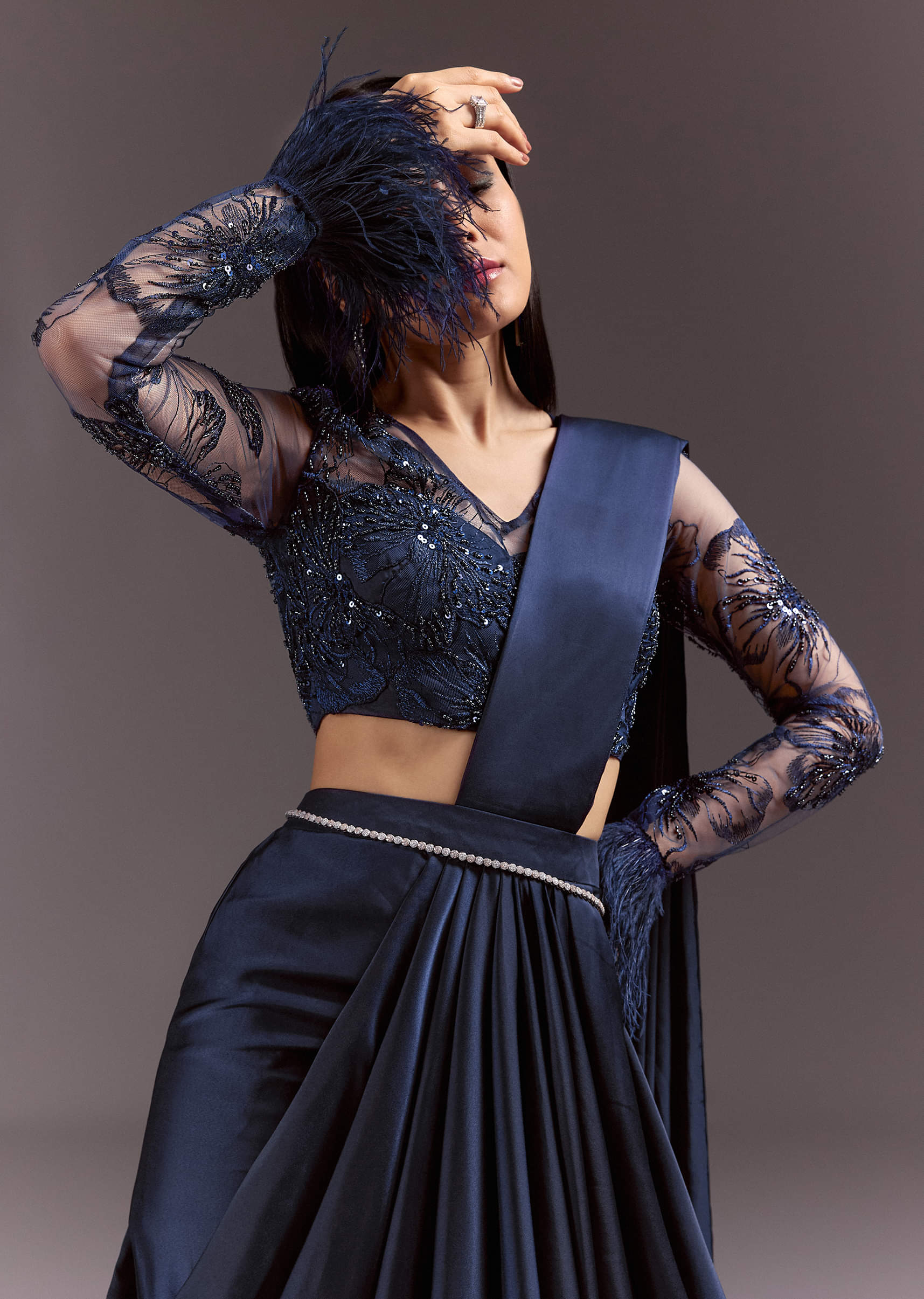 Navy Blue Satin Pleated Saree With Full Sleeve V Neck Blouse