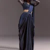 Navy Blue Satin Pleated Saree With Full Sleeve V Neck Blouse