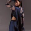 Navy Blue Satin Pleated Saree With Full Sleeve V Neck Blouse