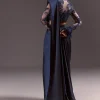 Navy Blue Satin Pleated Saree With Full Sleeve V Neck Blouse