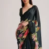 Black Floral Printed Satin Saree With Sequins Lace Border