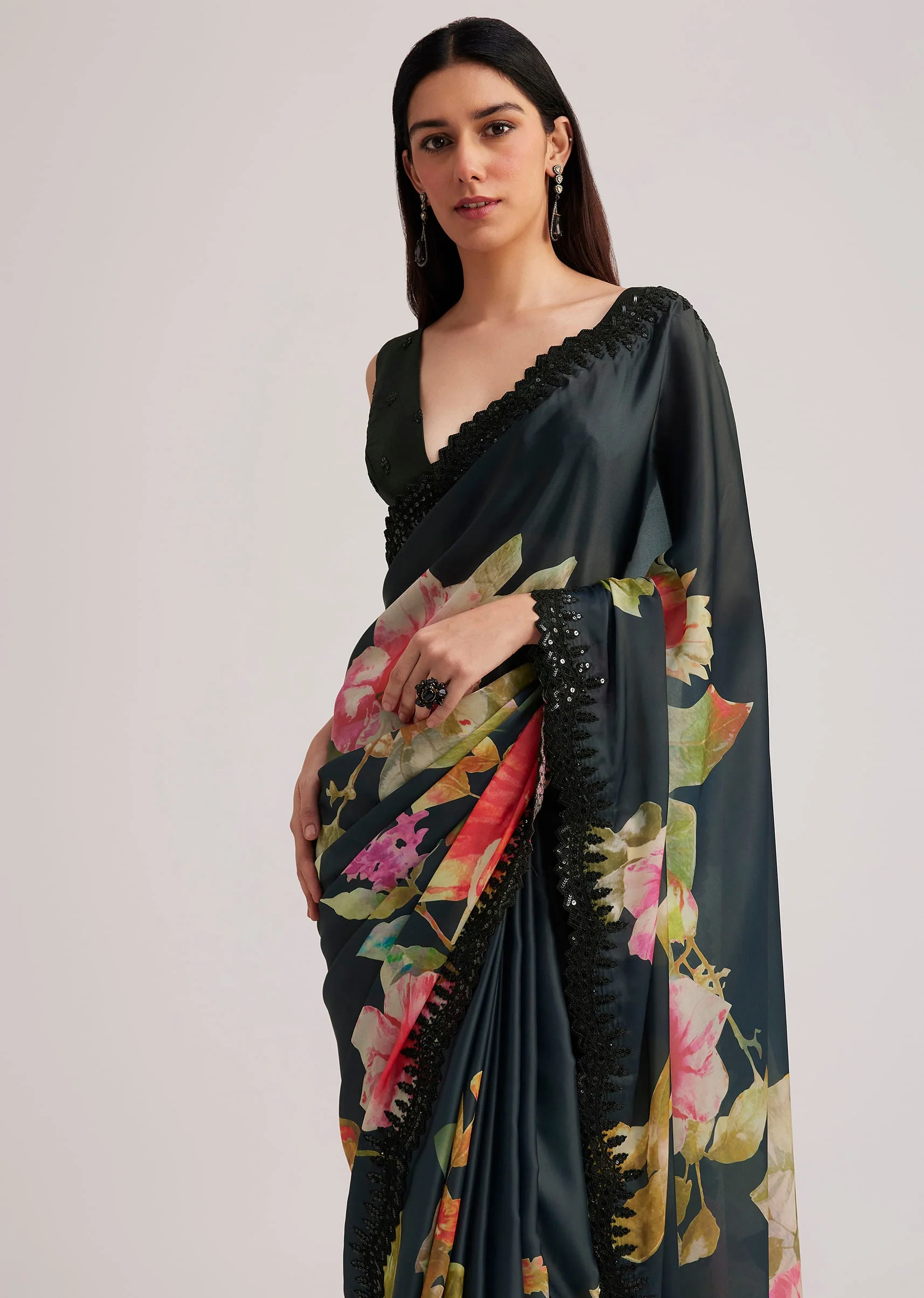 2736-black-floral-printed-satin-saree-with-sequins-lace-border-1.webp Black Floral Printed Satin Saree With Sequins Lace Border