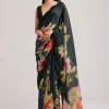 Black Floral Printed Satin Saree With Sequins Lace Border