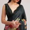 Black Floral Printed Satin Saree With Sequins Lace Border