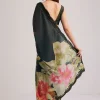 Black Floral Printed Satin Saree With Sequins Lace Border